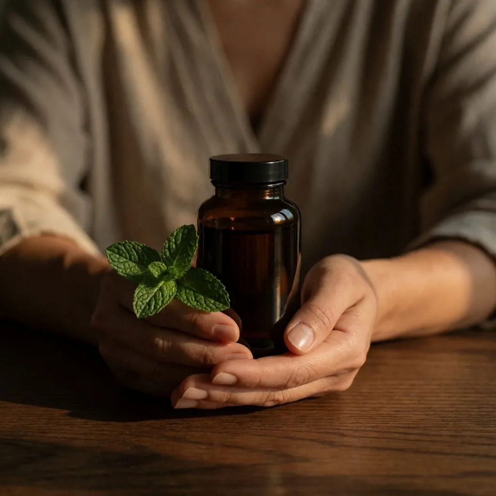 Relaxed hands holding supplement bottle and leaves