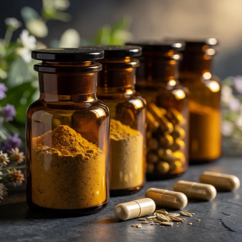 Apothecary bottles on slate