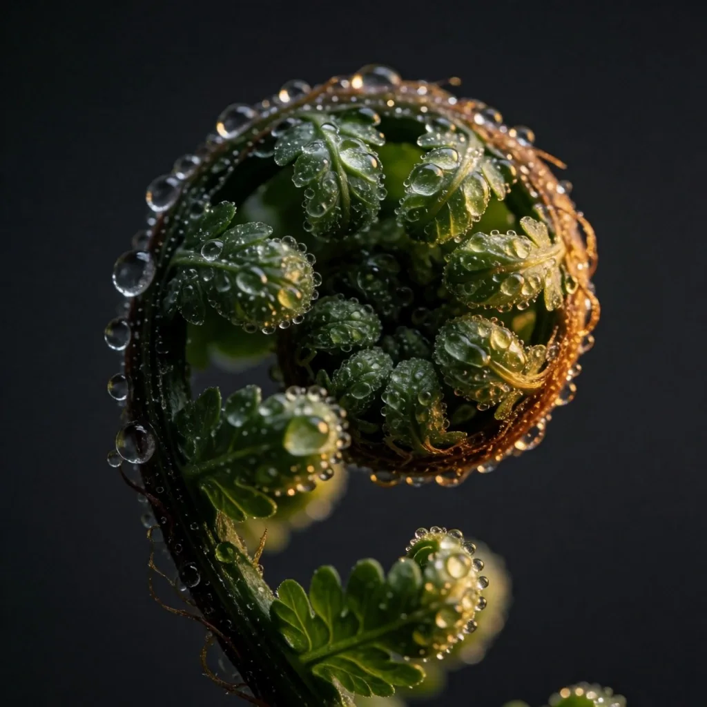Macro detail of a fern frond with dew drops under warm botanical light