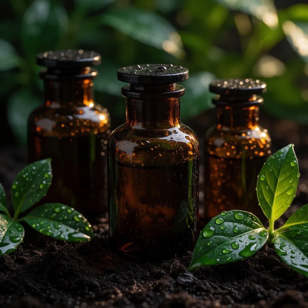 Botanical supplement bottles on dark soil with green leaves