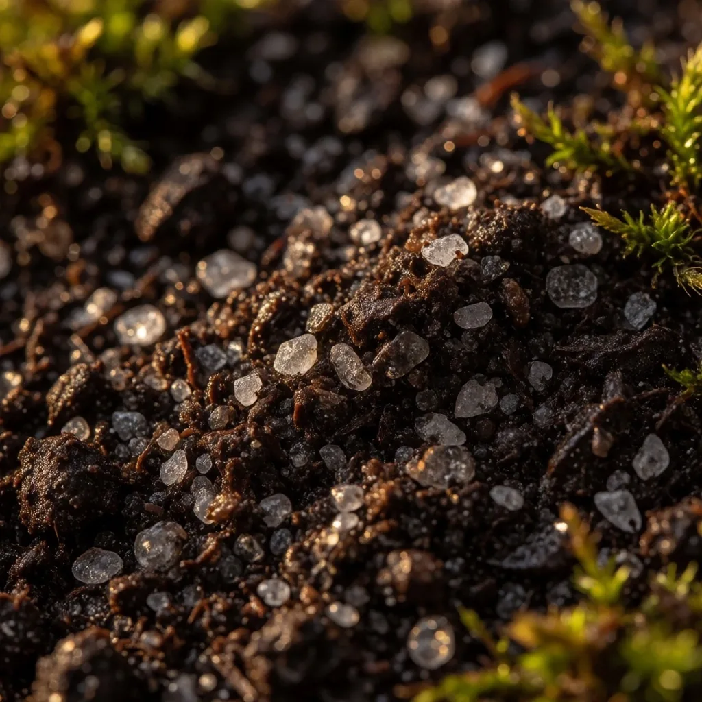 Dark soil with mineral crystals and green moss