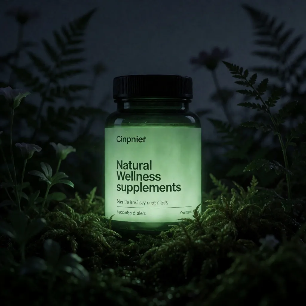 Botanical supplement bottle glowing in dark nocturnal setting