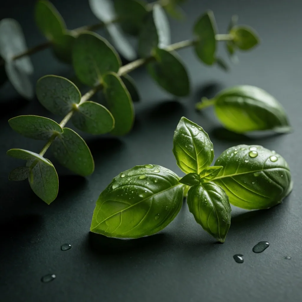 Fresh botanical leaves with water droplets in dark moody lighting