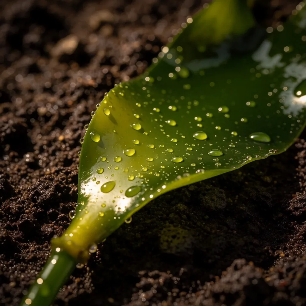 A single botanical specimen resting on dark soil