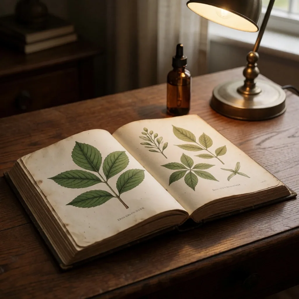 Botanical reference book on a dark wood surface