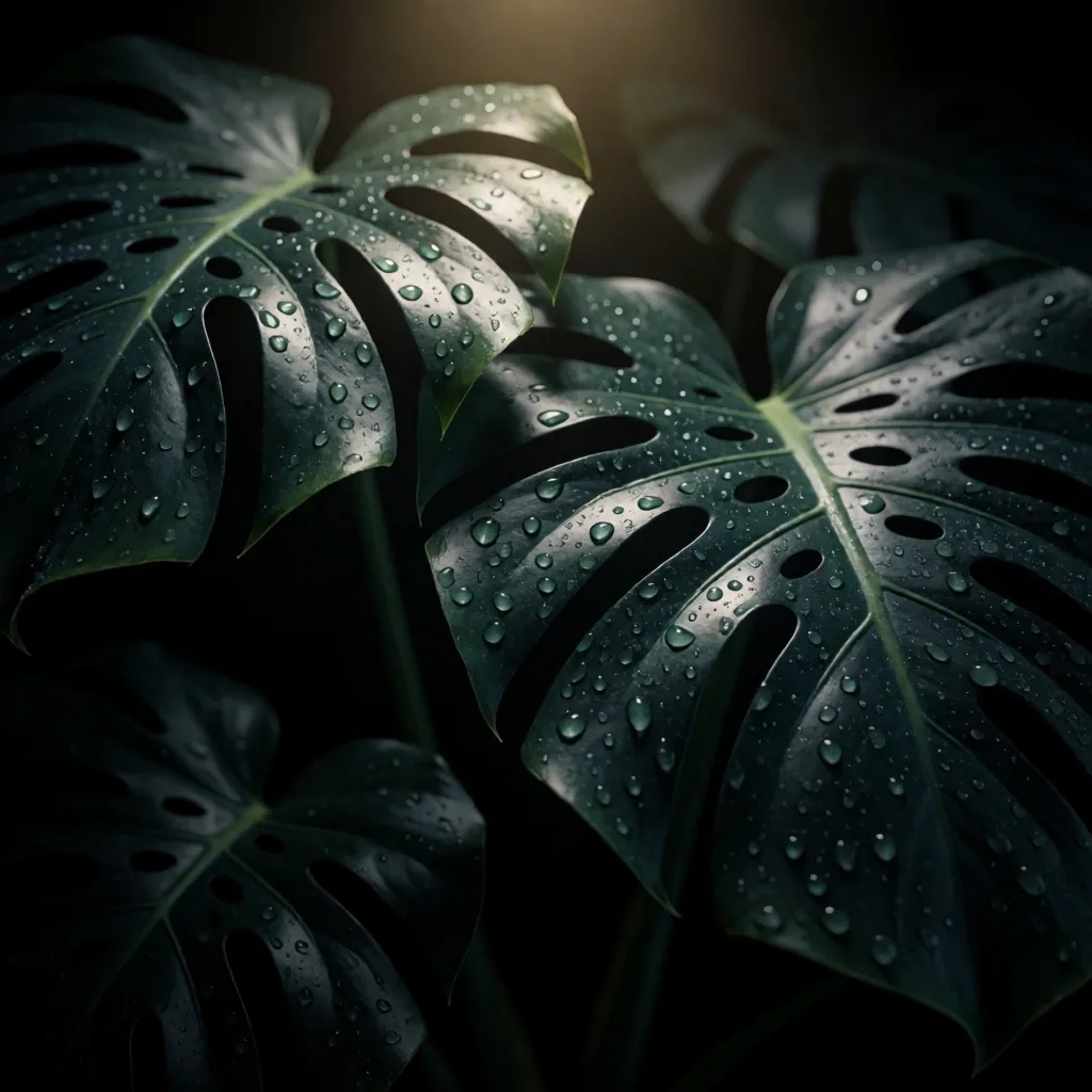 Dark botanical leaves under warm light