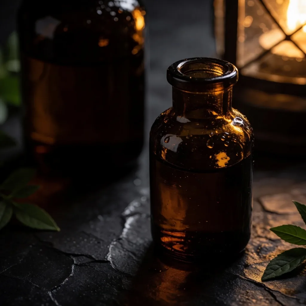 Dark glass supplement bottles on a charcoal surface under warm light
