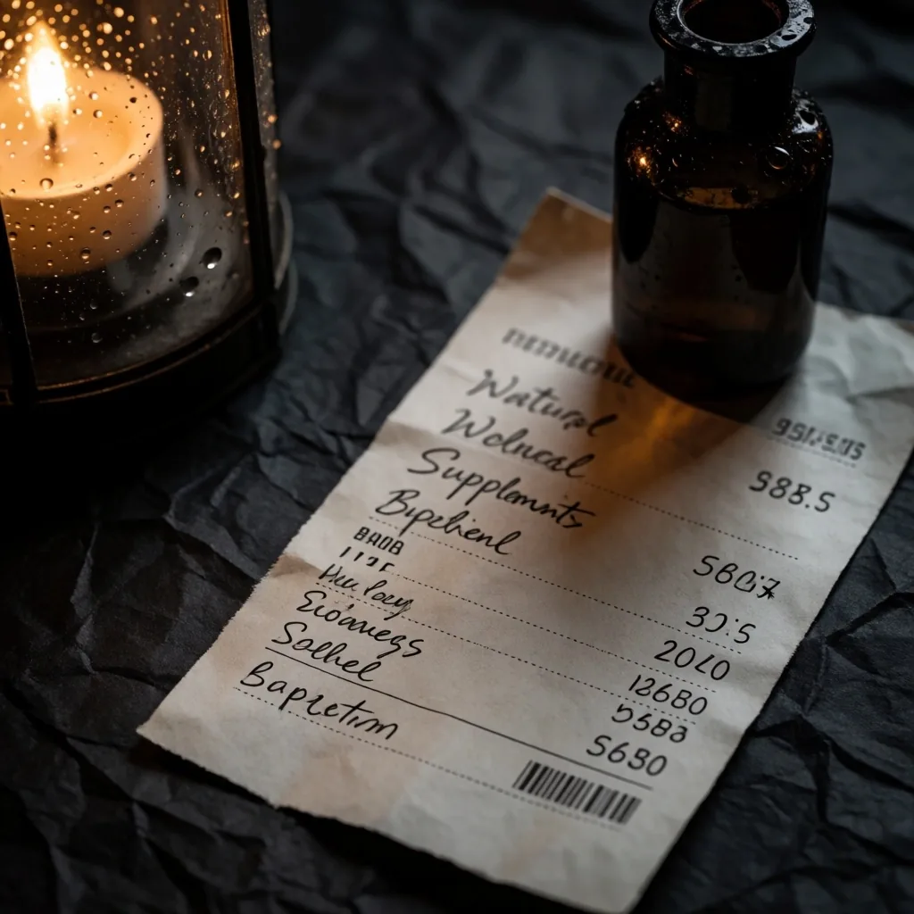 Receipt and supplement bottle on dark textured paper