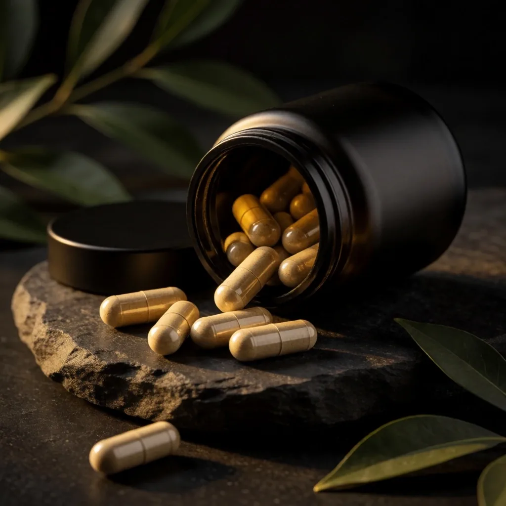 Vitality Hub supplement bottles in a dark botanical setting