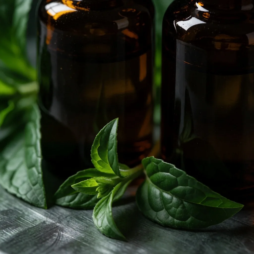 Apothecary bottles surrounded by botanical foliage